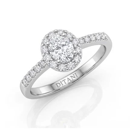Diamond halo engagement ring with a large center stone surrounded by a halo of smaller diamonds on a white metal band, engraved inside with 'DITANI'