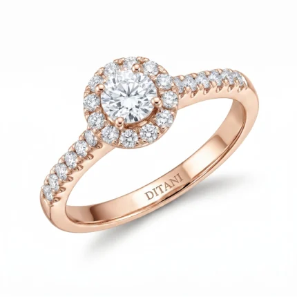 Rose gold halo engagement ring with a large center diamond surrounded by smaller diamonds; pavé diamonds along the band and 'DITANI' on the inner band.