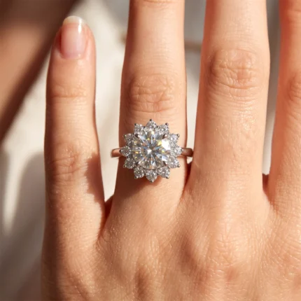 Diamond halo engagement ring on a finger with a large central stone and surrounding smaller diamonds