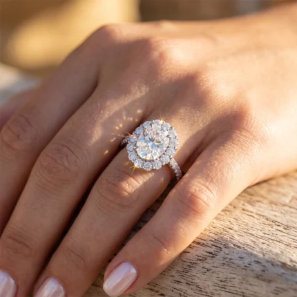 Close-up of a diamond engagement ring with a halo of smaller stones on a finger, sunlight sparkles on the gems.