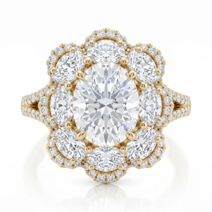 Gold ring with a large central diamond surrounded by multiple smaller diamonds in a floating halo design, with a pavé diamond band on the shank.