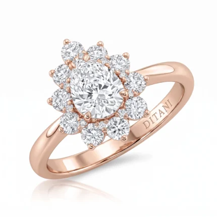 Rose gold ring with a central diamond surrounded by smaller diamonds in a flower cluster design, band engraved with 'DITANI'