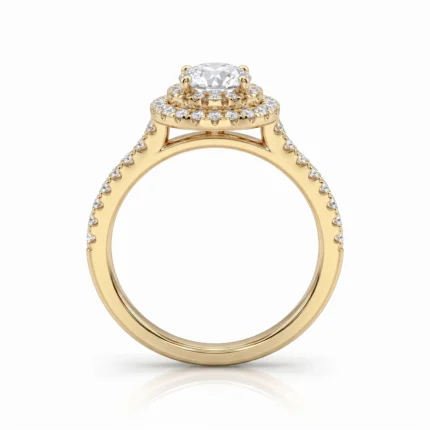 Gold solitaire engagement ring with a large center diamond in a halo, flanked by pavé diamonds along the band