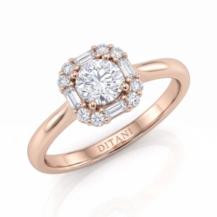 Rose gold halo engagement ring with a large central diamond surrounded by smaller diamonds and baguette accents, engraved with DITANI on the band.