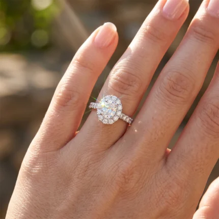 Close-up of a halo-style engagement ring with a large center diamond, sparkling in sunlight on a finger.
