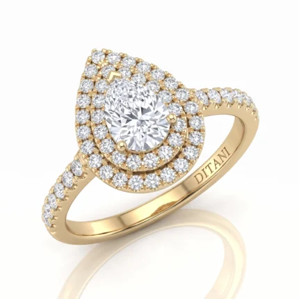 Gold halo ring with a large central diamond surrounded by two rows of pavé-diamonds and a DITANI-engraved band
