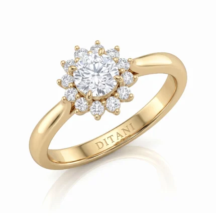 Gold halo engagement ring with a central round diamond and a surrounding flower of smaller diamonds, on a polished band.
