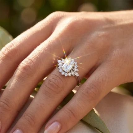 Close-up of a diamond ring on a finger: square emerald-cut center stone surrounded by marquise-cut diamonds, sunlight sparkles off the gems.