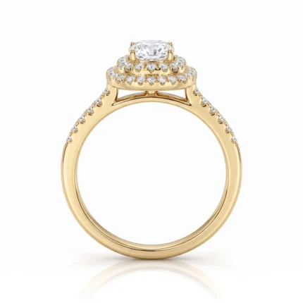 Gold engagement ring with a large center diamond and diamond-encrusted halo on a pavé-set band
