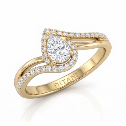 Gold ring with a large central oval diamond surrounded by a diamond halo and pavé-set band, engraved 'DITANI' on the inner shank