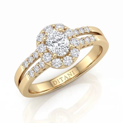 Gold halo engagement ring with a large central diamond surrounded by smaller diamonds and a pavé-set split shank, engraved 'DITANI' on the inner band