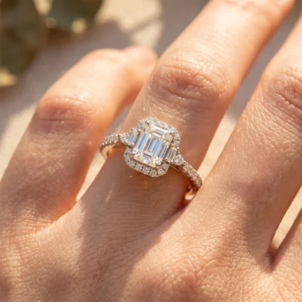 Close-up of an emerald-cut diamond halo engagement ring on a finger, with a pavé diamond band surrounding the center stone.