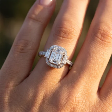 Close-up of an emerald-cut diamond engagement ring on a finger, featuring a large center stone surrounded by a halo of small diamonds and a pavé-band.