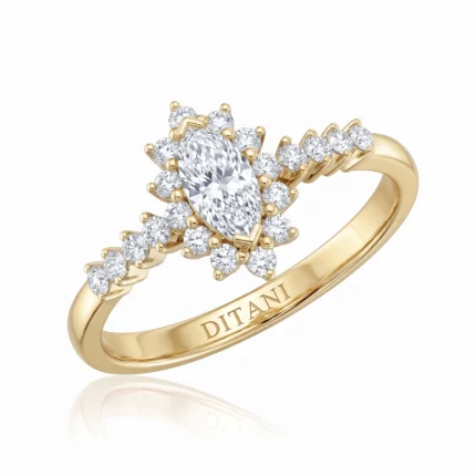 Gold ring with a large oval center diamond surrounded by a halo of smaller diamonds; pavé diamonds along the band.