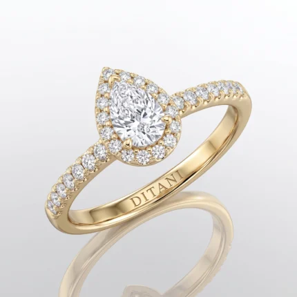 Gold ring featuring a central oval diamond surrounded by a halo of small diamonds; 'DITANI' engraved inside the band.