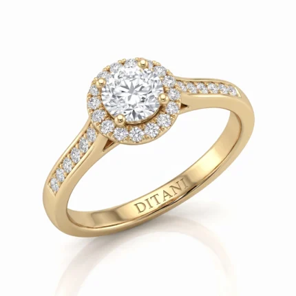 Yellow gold halo engagement ring with a round center diamond surrounded by smaller diamonds and a diamond-studded band.