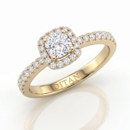Gold ring with a large central diamond surrounded by a halo of smaller diamonds and a pavé diamond band, engraved 'DITANI' on the inner band.