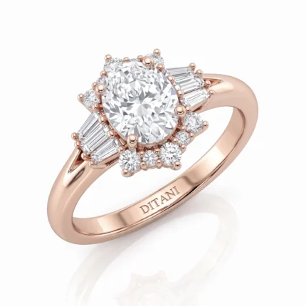 Rose gold engagement ring with a large round center diamond, surrounded by a halo of smaller diamonds and baguette-cut side stones.