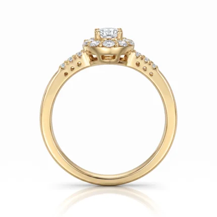 Gold engagement ring with small pavé diamonds along the band and a central raised diamond setting
