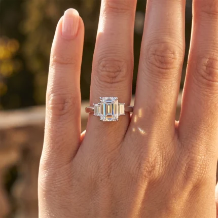 Engagement ring on a finger featuring a large emerald-cut diamond center stone with two vertical baguette diamonds on each side and a slim band in warm sunlight