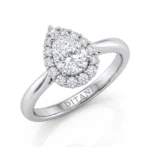 Engagement ring with an oval center diamond surrounded by a halo of smaller diamonds in white metal. Engraving 'DITANI' on the band is visible.