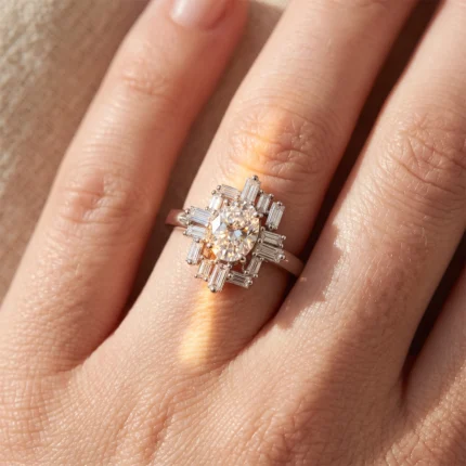 Close-up of an engagement ring: a large round center diamond surrounded by baguette-cut diamonds on a slim band, worn on a finger.