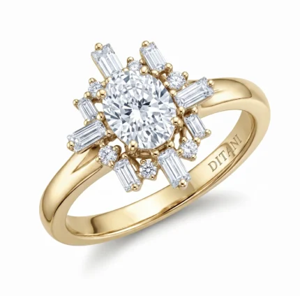 Gold ring with a large round central diamond surrounded by baguette and round diamonds in a halo