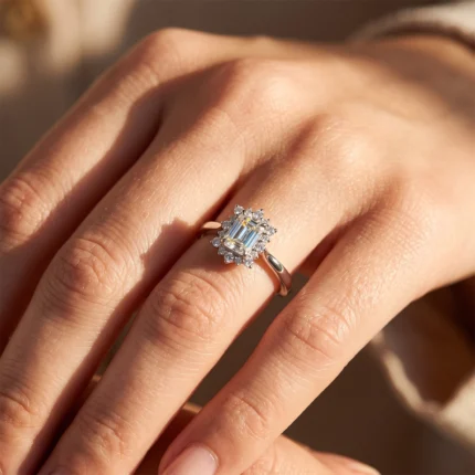 Close-up of a hand wearing an emerald-cut diamond ring with a halo of smaller diamonds on the ring finger.