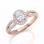Rose gold engagement ring with a large center diamond surrounded by a diamond halo and pavé-set band (DITANI engraving visible inside).