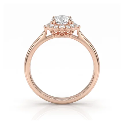 Rose gold engagement ring with a round center diamond and a diamond halo, shown from the side.