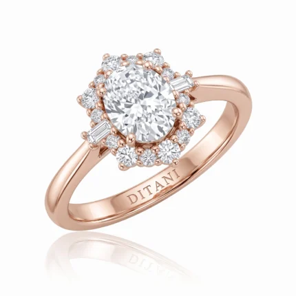 Rose gold ring with a large central diamond surrounded by a halo of smaller diamonds; band is engraved with 'DITANI' on the inner side.
