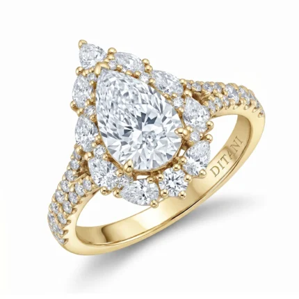 Gold ring with a large central diamond surrounded by a halo of smaller diamonds on a pavé diamond band.
