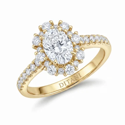 Yellow gold engagement ring with a large center diamond surrounded by a halo of smaller diamonds and a pavé-diamond band; engraved DITANI on the inner band.