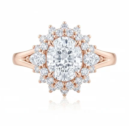 Rose gold engagement ring with a large central diamond surrounded by a diamond halo of smaller stones on a polished band.
