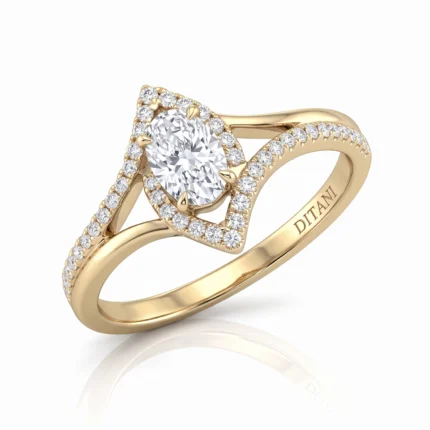 Gold engagement ring with a large central diamond surrounded by a halo of smaller diamonds on a pavé-set band.