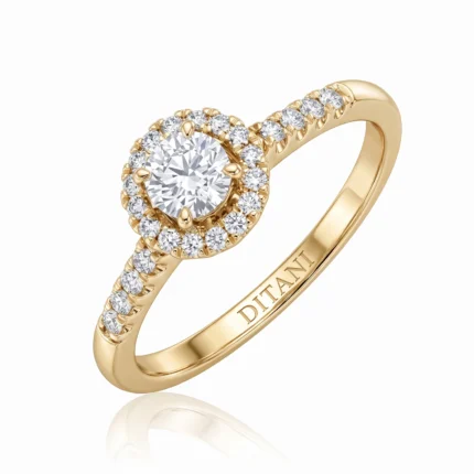 Gold halo engagement ring with a large center diamond surrounded by a ring of smaller diamonds on a yellow-gold band.