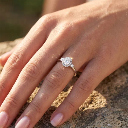Close-up of a hand with a gold engagement ring featuring a halo of small diamonds around a larger center stone, sunlight glinting off the gems.