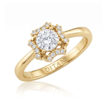 Gold ring with a large central diamond surrounded by a halo of smaller diamonds; engraved 'DITANI' on the band.