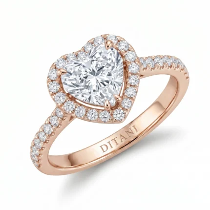 Rose gold ring with a large center diamond surrounded by a halo of smaller diamonds and pavé-set band, engraved inside with DITANI