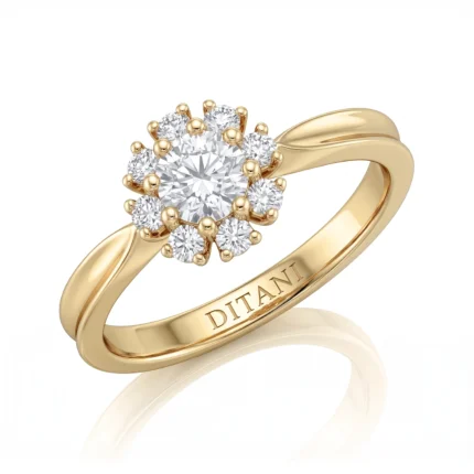 Gold ring with a flower-shaped cluster of diamonds in a halo setting on a yellow-gold band, DITANI engraved inside the band