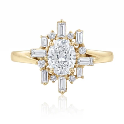 Gold ring featuring a large oval center diamond encircled by a halo of baguette and round diamonds in a radiant cluster.