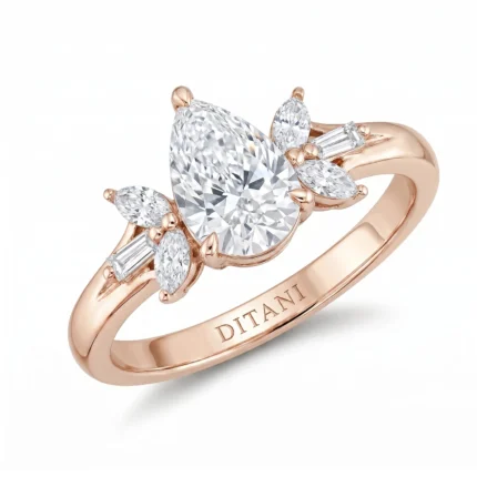 Rose gold ring with a large oval center diamond surrounded by marquise- and baguette-cut diamonds, with 'DITANI' engraved on the inner band.
