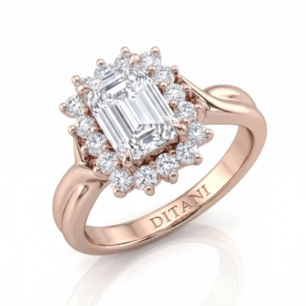 Rose gold ring featuring a rectangular emerald-cut center diamond encircled by a halo of round diamonds with a polished band.