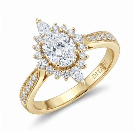 Gold ring with a large oval center diamond surrounded by a halo of smaller diamonds and diamond-accented shoulders, set in yellow gold (DITANI).