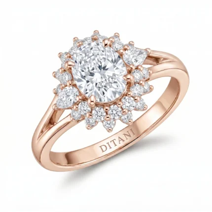 Rose gold ring with a large central diamond surrounded by a halo of smaller diamonds and a polished band (DITANI).