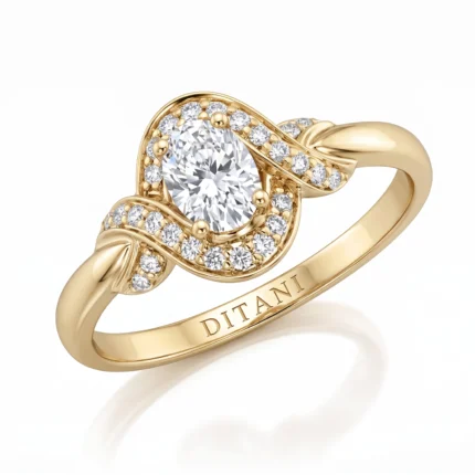 Gold ring with a round center diamond surrounded by a halo of smaller diamonds and a twisted split shank, engraved DITANI on the band