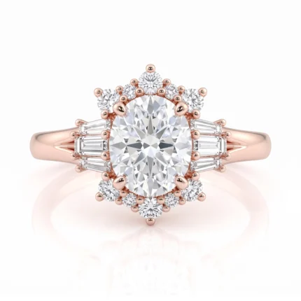 Rose gold engagement ring with a large center diamond, surrounded by a halo of smaller diamonds and baguette-side stones on the band.