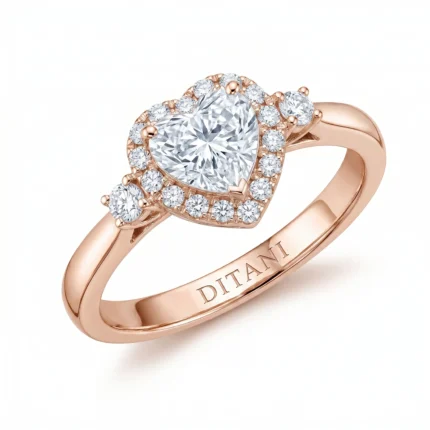 Rose gold ring with a large central diamond surrounded by a halo of smaller diamonds and a polished band.