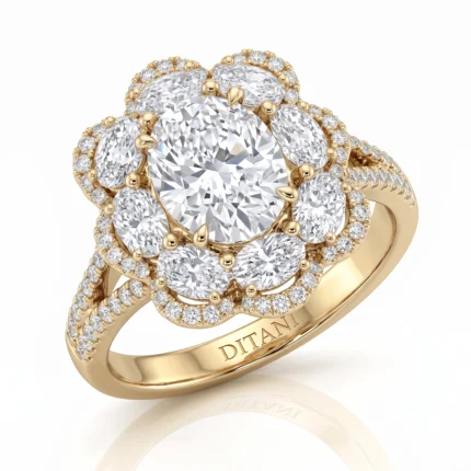 Gold halo ring with a large central diamond, surrounded by smaller diamonds and additional halos, all set on a polished band.