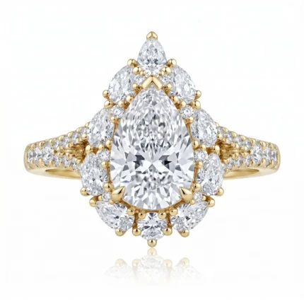 Gold ring with a large pear-cut diamond center surrounded by smaller diamonds in a halo and bar-set band